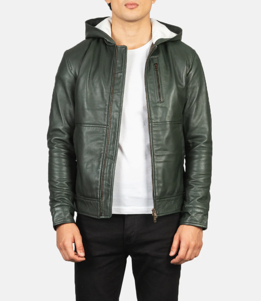 Baston Green Hooded Leather Bomber Jacket
