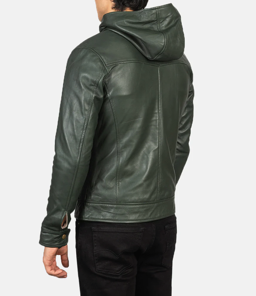 Baston Green Hooded Leather Bomber Jacket