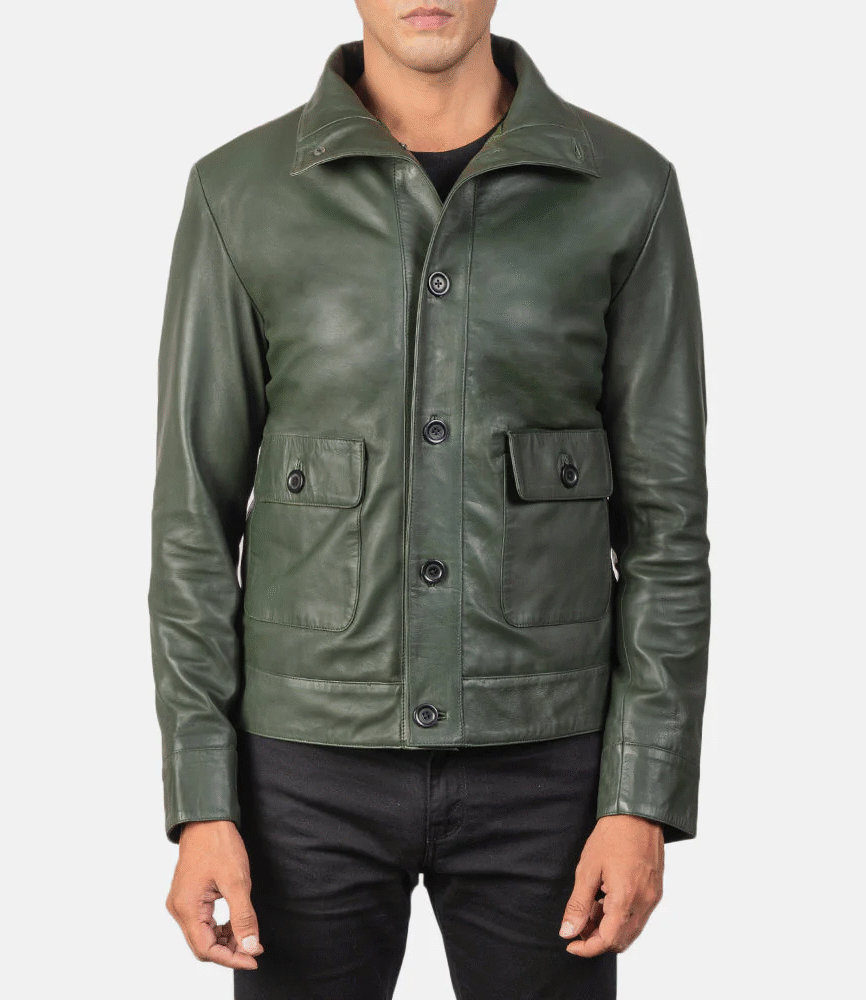 Columbus Green Leather Bomber Jacket