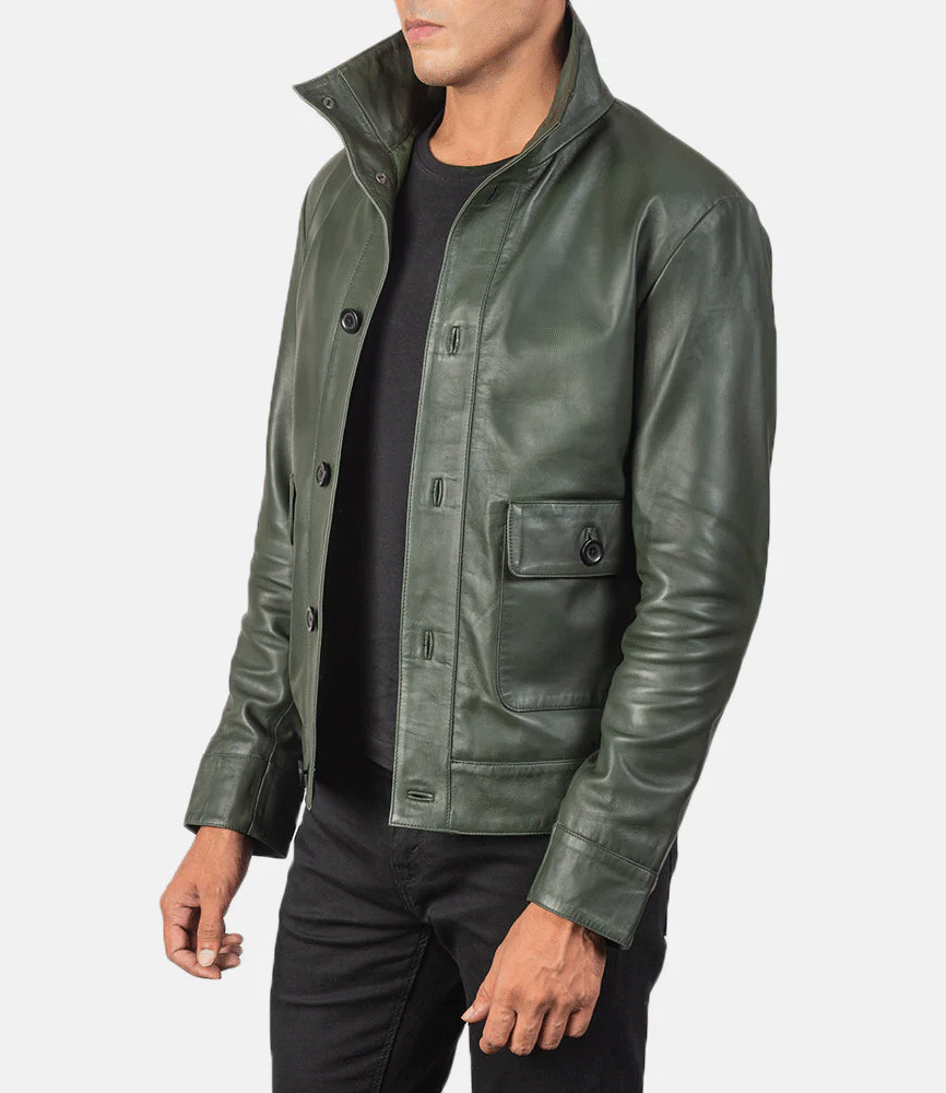 Columbus Green Leather Bomber Jacket
