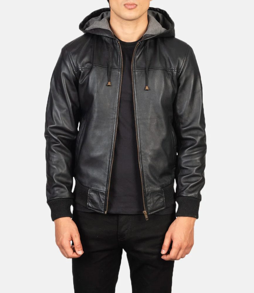 Nintenzo Black Hooded Leather Bomber Jacket