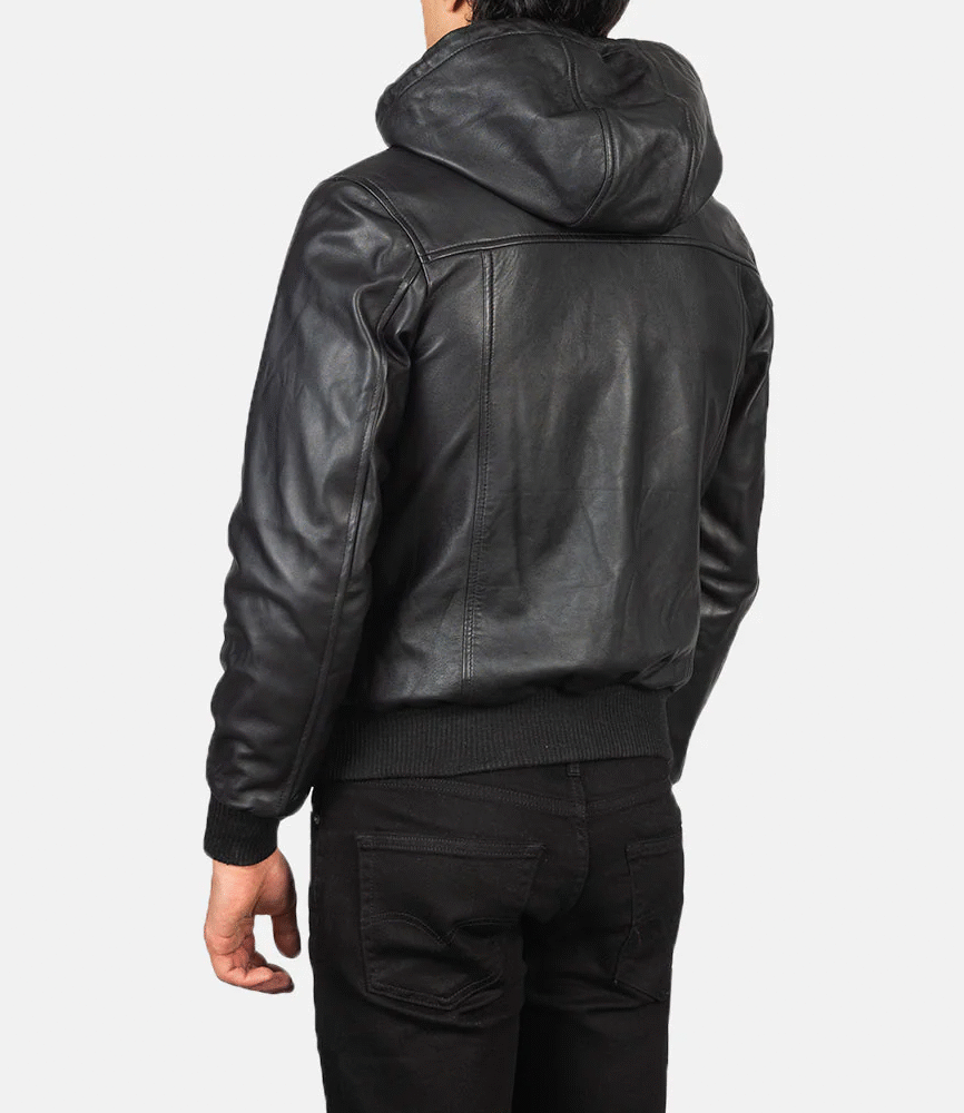 Nintenzo Black Hooded Leather Bomber Jacket